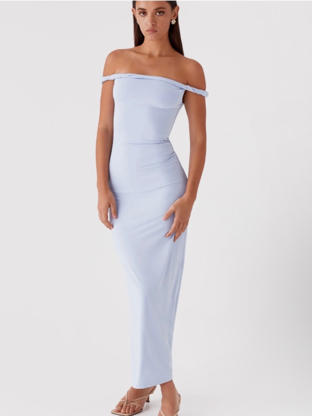 Peppermayo Arabella Twist Shoulder Maxi Dress in Light Blue